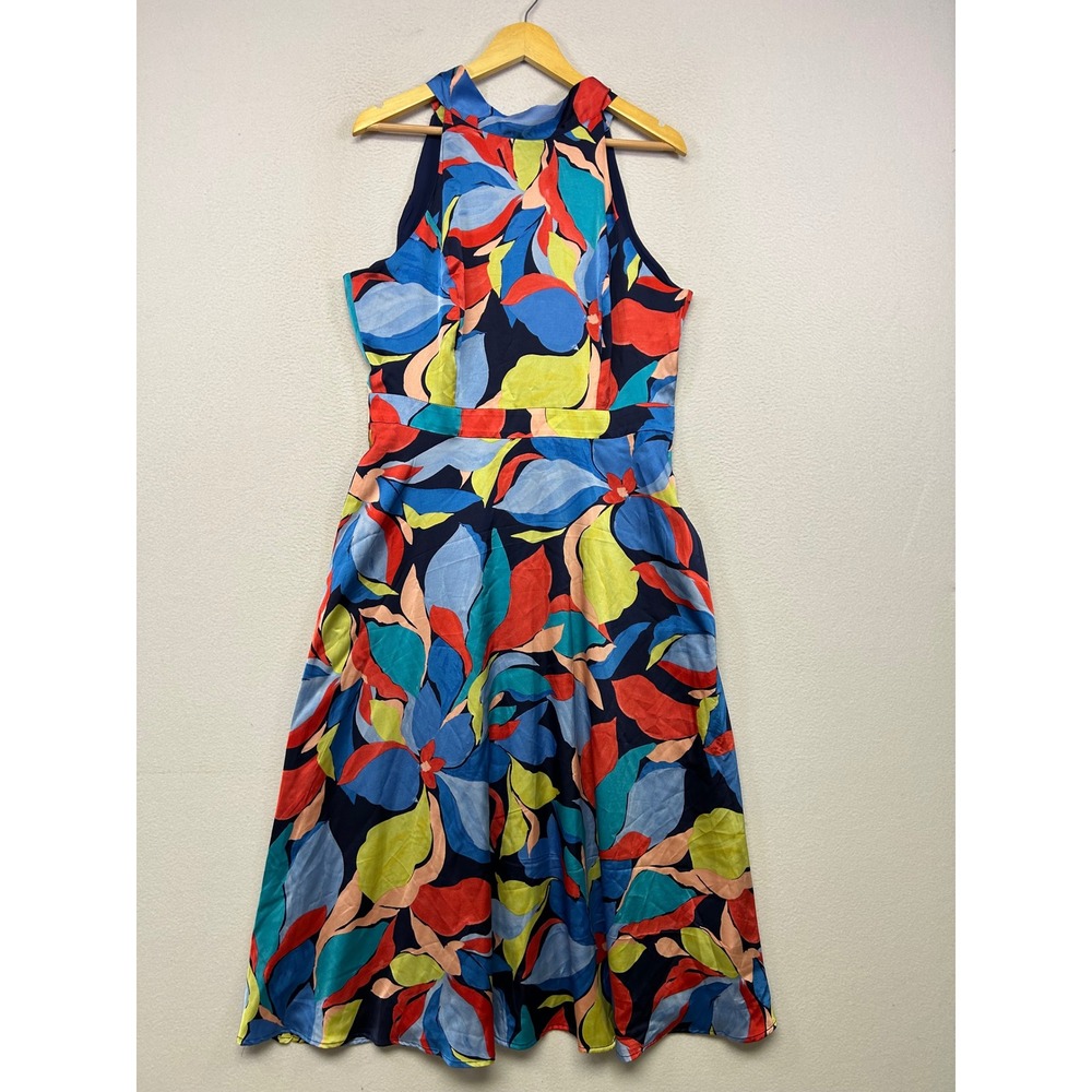 Floral Abstract Tahari ASL Womens 14 Multi Color Halter Neck Satin Midi Dress